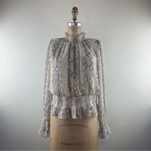 Japna l L Feminine Pastel Snakeskin Print Semi-Sheer Chiffon Smock Ruffle Blouse